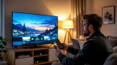 Techniker stellt in einem Wiener Wohnzimmer die Bildeinstellungen eines Flachbildfernsehers ein