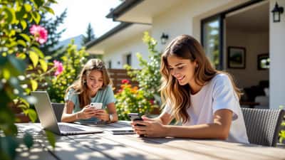 Adolescent suisse consultant son smartphone en été sur une terrasse bernoise, parent configurant contrôle parental en arrière-plan