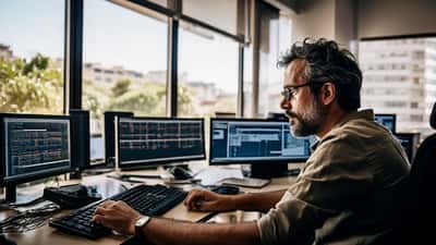 Consultor de informática português a analisar ferramentas de inteligência artificial em escritório em Lisboa