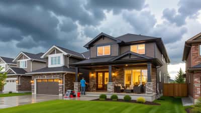 Dark storm clouds over a Canadian suburban home with homeowners securing outdoor furniture before severe weather