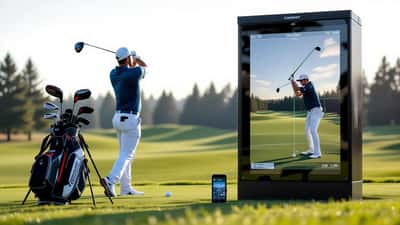 Amateur golfer using a portable launch monitor and smartphone to measure swing data on a driving range