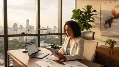 Advogada brasileira revisando projeto de lei sobre apostas online em escritório moderno em São Paulo