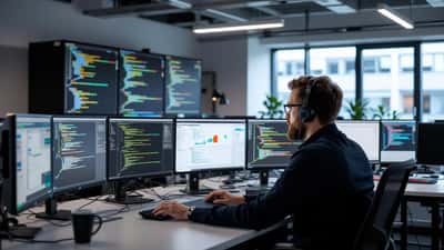 IT-Sicherheitsanalyst überwacht Cyberangriff-Warnmeldungen im deutschen Unternehmens-Serverraum