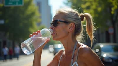 Femme épuisée par la chaleur buvant de l'eau dans une rue ensoleillée de Montréal en été 2026
