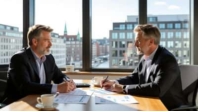 Mand og advokat gennemgår juridiske dokumenter ved siden af en Klasselotteri-seddel i et dansk kontor