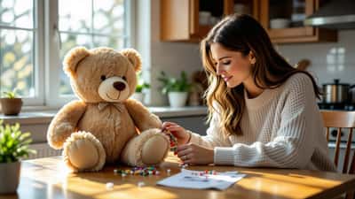 Mère canadienne vérifiant les fermetures éclair d'un jouet ours en peluche rappelé pour risque d'étouffement