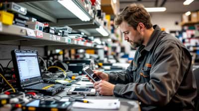 Consumer electronics technician inspecting an iPhone circuit board in a repair workshop