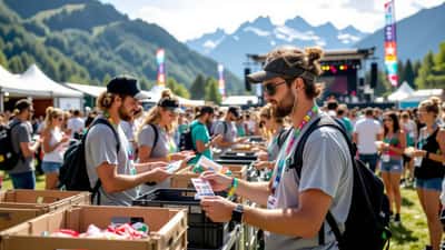 Bénévoles en t-shirt staff à l'entrée d'un festival open air suisse en été