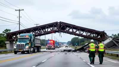 Policiais rodoviários federais examinam passarela colapsada na Rodovia Fernão Dias após caminhão atingir a estrutura