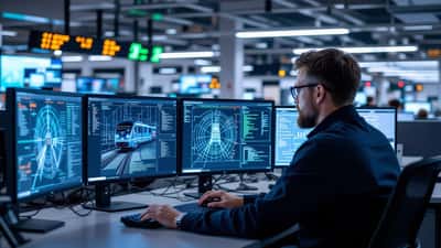 IT-säkerhetsspecialist granskar järnvägsnätets cybersäkerhetsövervakning på kontrollcenter i Sverige 2026