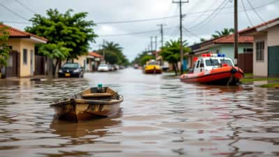 Carro parcialmente submerso em água de enchente barrenta em rua residencial no sul do Brasil
