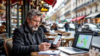 Professionnel français consulte Google Maps sur smartphone dans un café parisien, préoccupé par la confidentialité de ses données de localisation