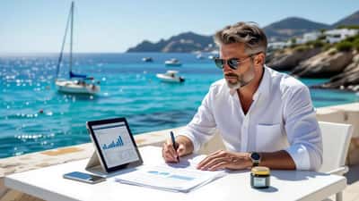 Nederlandse ondernemer bestudeert financiële documenten op een zonnig terras op Ibiza