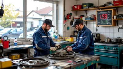 Mécanicien inspectant le circuit d'alimentation d'une voiture ancienne dans un garage en France