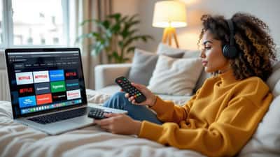 Person looking frustrated at streaming subscription charges on laptop with credit card statement visible