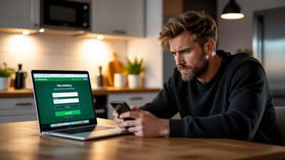 Bekymret mand kigger på falsk bet365-login-side på laptop med mistænkelig svindel-SMS på mobilen