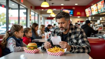 Padre latino revisa la tarjeta de alérgenos con una hamburguesa y papas en un restaurante de comida rápida