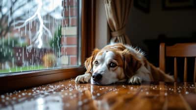Cane spaventato che trema nascosto sotto un tavolo durante un temporale con lampi alla finestra
