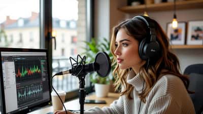 Journaliste femme dans un studio de radio professionnel avec casque audio, Paris 2026