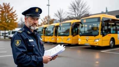 Buskauffør holder lønsedler foran Odense busdepot efter LS Bussers konkurs i september 2026