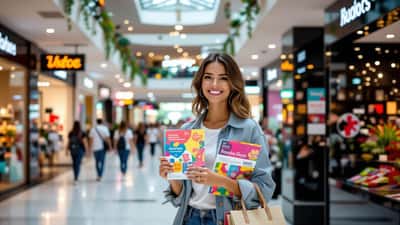 Consumidora brasileira segurando flyer promocional em shopping mall com banners do Julho Black Brasil 2026
