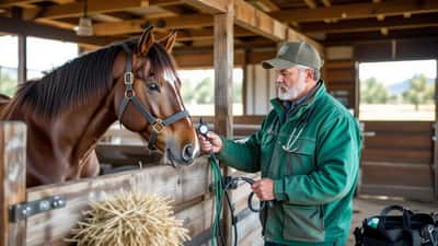 Veterinario equino examinando un caballo de carreras en una cuadra de sur de Texas