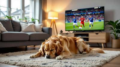 Hund gjemmer seg under sofabordet mens en VM 2026-kamp vises på TV i bakgrunnen