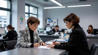 Frau füllt SBGG-Erklärung am Standesamt-Schalter in Berlin aus, 2026