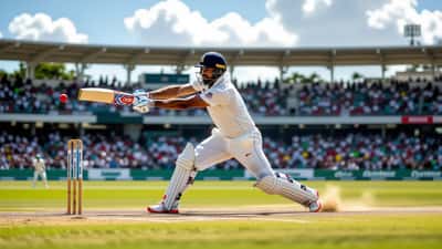 Cricket fast bowler in delivery stride on a Caribbean pitch