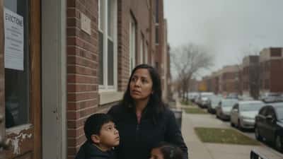 Familia latina frente a su apartamento en el South Side de Chicago con aviso de desalojo en la puerta