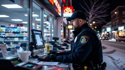 Policier québécois examinant une scène de crime dans un dépanneur de Sherbrooke, libération conditionnelle et récidive