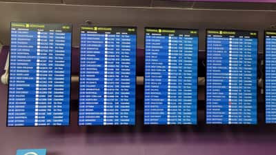 Airport departures board showing cancelled flights reflecting travel disruption from AVG Travels liquidation