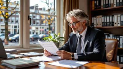 Oudere man bekijkt huwelijksakte en juridische documenten bij notaris in Amsterdam