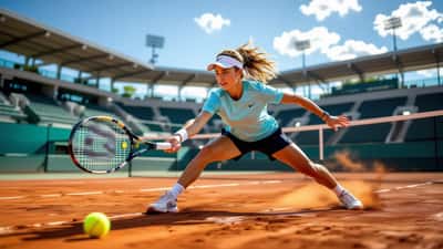 Junge Tennisspielerin bei dynamischer Vorhand auf einem Hartplatz im Stadion