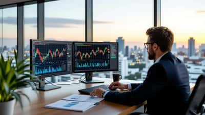Consultor financeiro analisando o Boletim Focus do Banco Central com gráficos de SELIC e inflação em escritório moderno em São Paulo