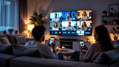 Person watching a Big Brother-style 24/7 live feed on a smart TV and smartphone in a dark living room at night