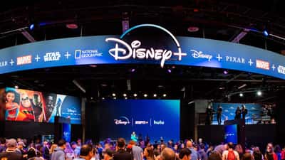 Disney Plus booth and signage at D23 Expo 2019 in Anaheim California