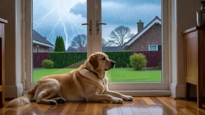 Angstige hond tijdens zware onweersbui in Nederlandse woonkamer
