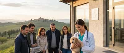 Veterinario italiano che esamina un golden retriever in una clinica veterinaria moderna