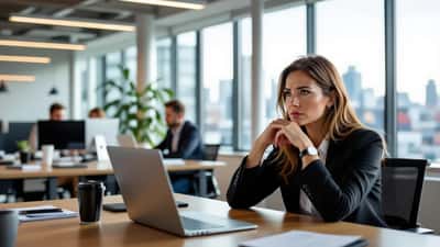 Anxious office worker resting head on hand at a desk, struggling with self-doubt in a Toronto open-plan office