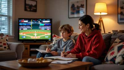 Parent and child on a couch doing math from a baseball box score while a game plays on TV