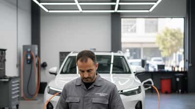 Mecânico português a fazer diagnóstico num SUV eléctrico chinês numa oficina moderna no Porto