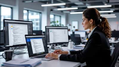UK office worker looking at laptop showing Microsoft Word AI Copilot suggestions panel in modern London office