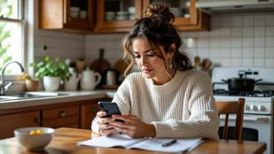 Mulher brasileira olhando com desconfiança para o celular com mensagem falsa de prêmio da Lotofácil 3750