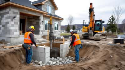 Workers inspect fractured Canadian Shield bedrock beside a new concrete house foundation at a rural Quebec construction site