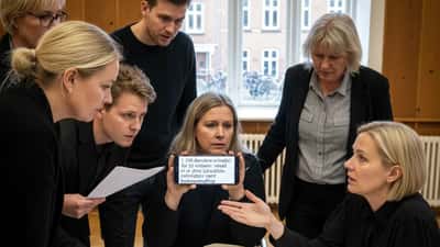 Ældre dansk kvinde ser bekymret på sin smartphone med en mistænkelig besked fra angiveligt politiet