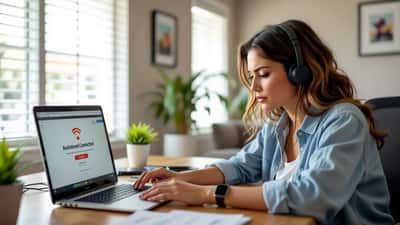 Mujer latina frustrada en oficina en casa mirando pantalla de laptop con error de conexión de AT&T
