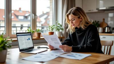 Kvinde gennemgår livsforsikringsdokumenter og pensionsoversigt ved køkkenbord