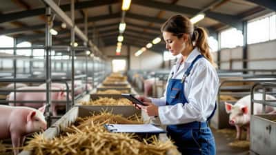 Dierenarts en varkenshouder controleren biosecurity op tablet in Nederlandse varkensstal