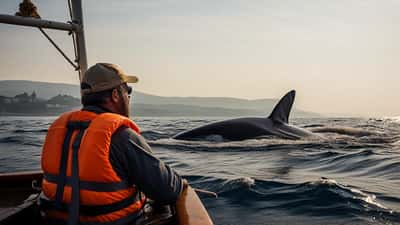 Requin pèlerin nageant en surface près de la côte méditerranéenne, Aude, France